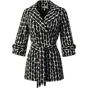 C. I-Heart Black White Oval Dot Belted Trench Jacket 3/4 Sleeve Size S